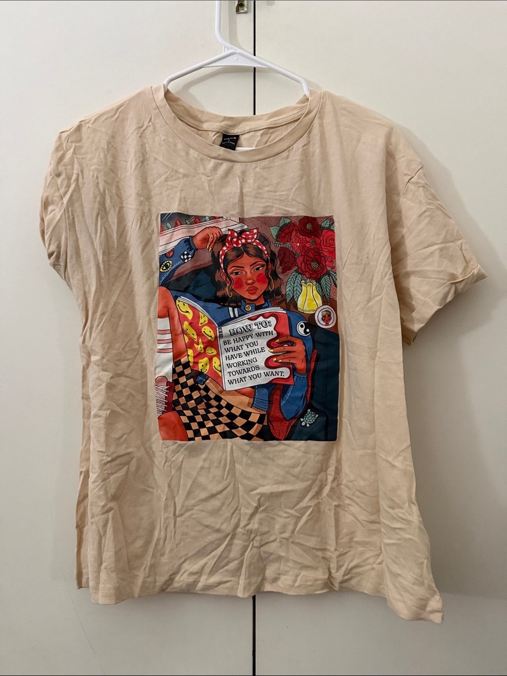 SHEIN Beige Short-Sleeve Graphic Tee with Multicolor Illustration
